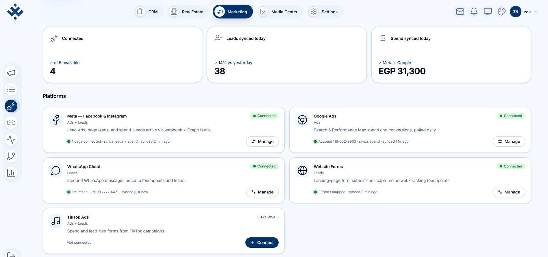 WzGate Marketing — ads, leads and spend in one CRM